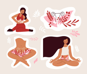 Stickers set of hand drawn women with floral feminine gynecology. Womb wonder - gynecology and female intimate health concept. Beauty female reproductive system. Woman health vector illustration
