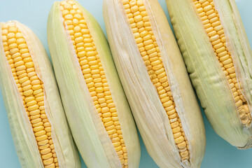 half peeled golden corns, healthy organic vegetarian food, abstract fresh corn for background