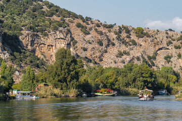 Rock-cut temple tombs of the ancient city Kaunos in Dalyan, Mugla, Turkey.