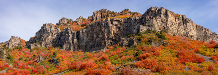 Panoramic view of Wasatch mountain peaks surrounded with fall foliage on the slopes in Utah