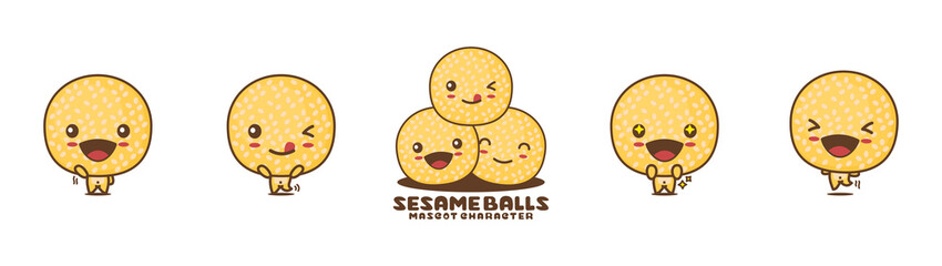 dessert sesame ball mascot, asian food vector illustration, with different facial expressions and poses