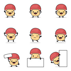 cute mushroom cartoon, with happy facial expressions and different poses
