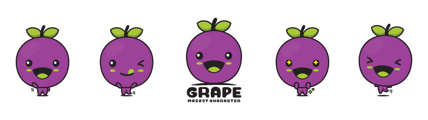 cute grape mascot, fruit vector illustration, with different facial expressions and poses