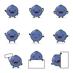 cute blueberry cartoon, fruit vector illustration, with happy facial expressions and different poses