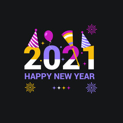 Happy New Year lettering on the background with a colorful brushstroke oil or acrylic paint design element. Vector illustration