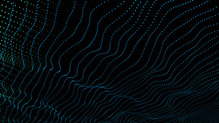 black minimalistic background with waves of blue particles. small blue particles chaotic wave pattern