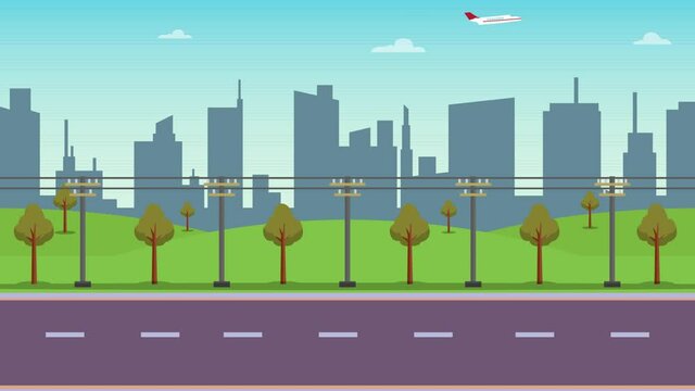 Empty road with cityscape and airplane background