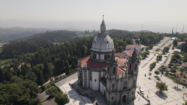 Aerial circling over Sanctuary of Our Lady of Sameiro in Braga. Portugal
