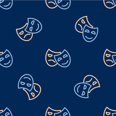 Line Comedy and tragedy theatrical masks icon isolated seamless pattern on blue background. Vector