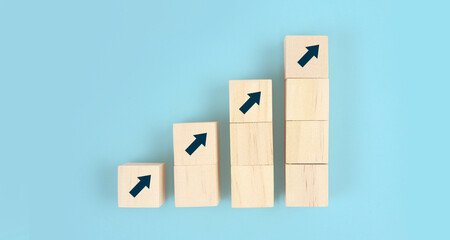 Wooden blocks chart steps with copy space. The business growth process