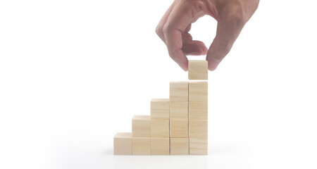 Wooden blocks chart steps with copy space. The business growth process