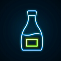 Glowing neon line Sauce bottle icon isolated on black background. Ketchup, mustard and mayonnaise bottles with sauce for fast food. Colorful outline concept. Vector
