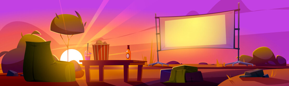 Outdoor Cinema At Sunset Summer Landscape, Open Air Movie Theater With Beanbag Chair, Beer, Pop Corn Bucket On Low Table Front Of Large Outdoors Screen On Dusk Background Cartoon Vector Illustration