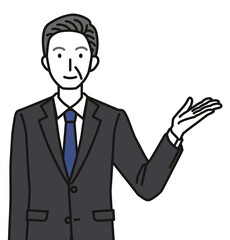 紹介するスーツを着たシニア男性