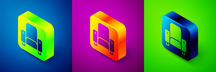 Isometric Cinema chair icon isolated on blue, purple and green background. Square button. Vector