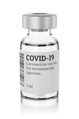 COVID-19 vaccine in glass vial isolated on white. 3D rendering.