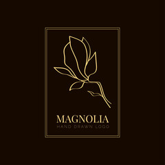 Simple magnolia flower logo illustration for real estate. Botanical floral emblem with typography on brown background. Vector illustration