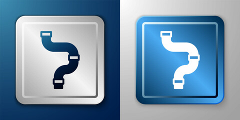White Industry metallic pipe icon isolated on blue and grey background. Plumbing pipeline parts of different shapes. Silver and blue square button. Vector