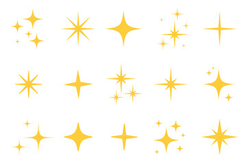 Flash sparkle flat star icon set. Twinkle star silhouette for gold sparkle, yellow glitter light, magic shiny flare effect. Isolated vector illustration.