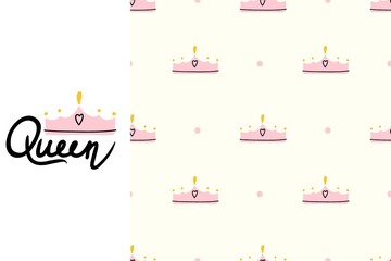Queen crown. Hand drawn cartoon cute kids print or poster, nursery or t-shirt design element, seamless pattern, baby girl, luxury royal symbol. Decor textile, wrapping paper wallpaper vector print