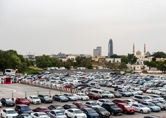 Dubai, UAE - 10.04.2021 Outdoor parking area at Dubai World trade center. City