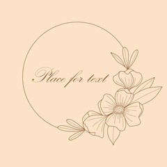 Botanical circle frame. Hand drawn round line border, leaves and flowers, wedding invitation and cards, logo design and posters template. Elegant minimal style floral vector isolated illustration