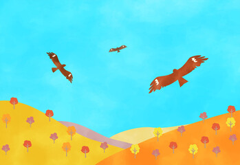 秋の紅葉した山々と澄んだ空を高く飛ぶトンビの水彩風イラスト