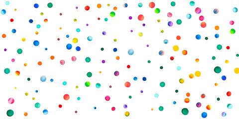 Watercolor confetti on white background. Adorable rainbow colored dots. Happy celebration wide colorful bright card. Fancy hand painted confetti.