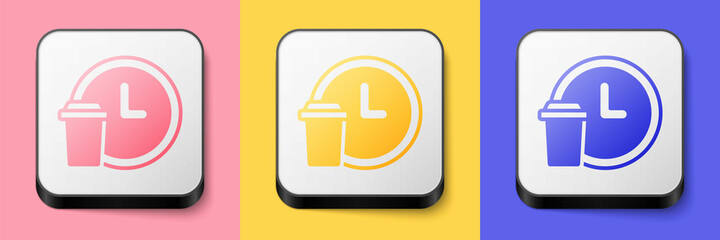 Isometric Round the clock delivery icon isolated on pink, yellow and blue background. Square button. Vector
