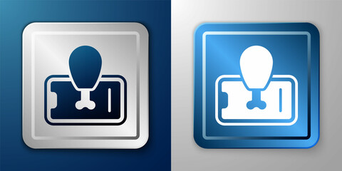 White Food ordering on mobile icon isolated on blue and grey background. Order by mobile phone. Restaurant food delivery concept. Silver and blue square button. Vector