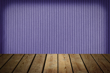 The background is blank wooden boards and a textured striped wall with gradient lighting and...