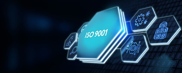 The concept of business, technology, the Internet and the network. virtual screen of the future and sees the inscription: ISO 9001. 3d illustration