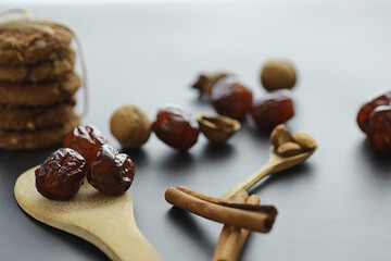 Healthy foods. Dried fruits for diet. Prunes, dates, raisins and figs. Healthy and proper nutrition for life.