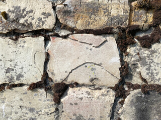 ancient rock stone castle fort garden wall covered in moss