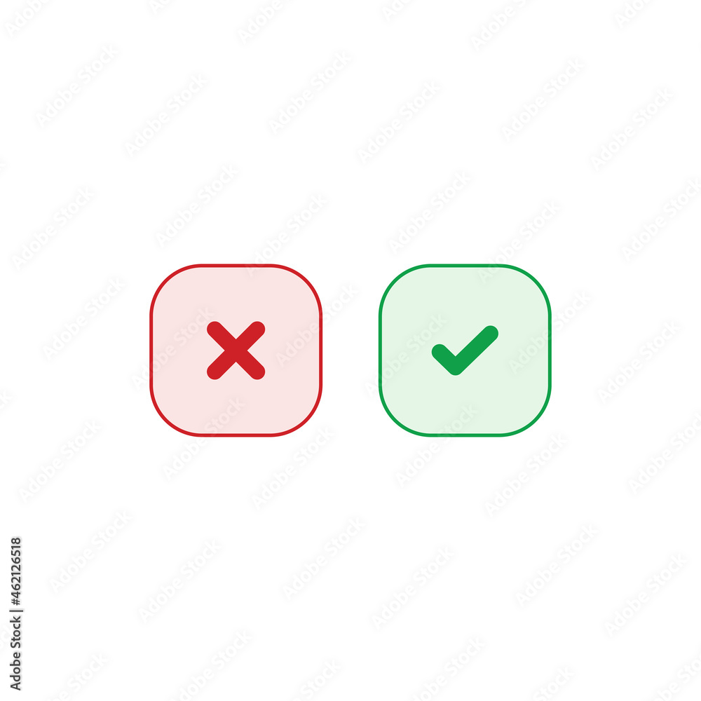 Poster tick and cross buttons. green checkmark ok and red x icons vector. square symbols yes and no button 