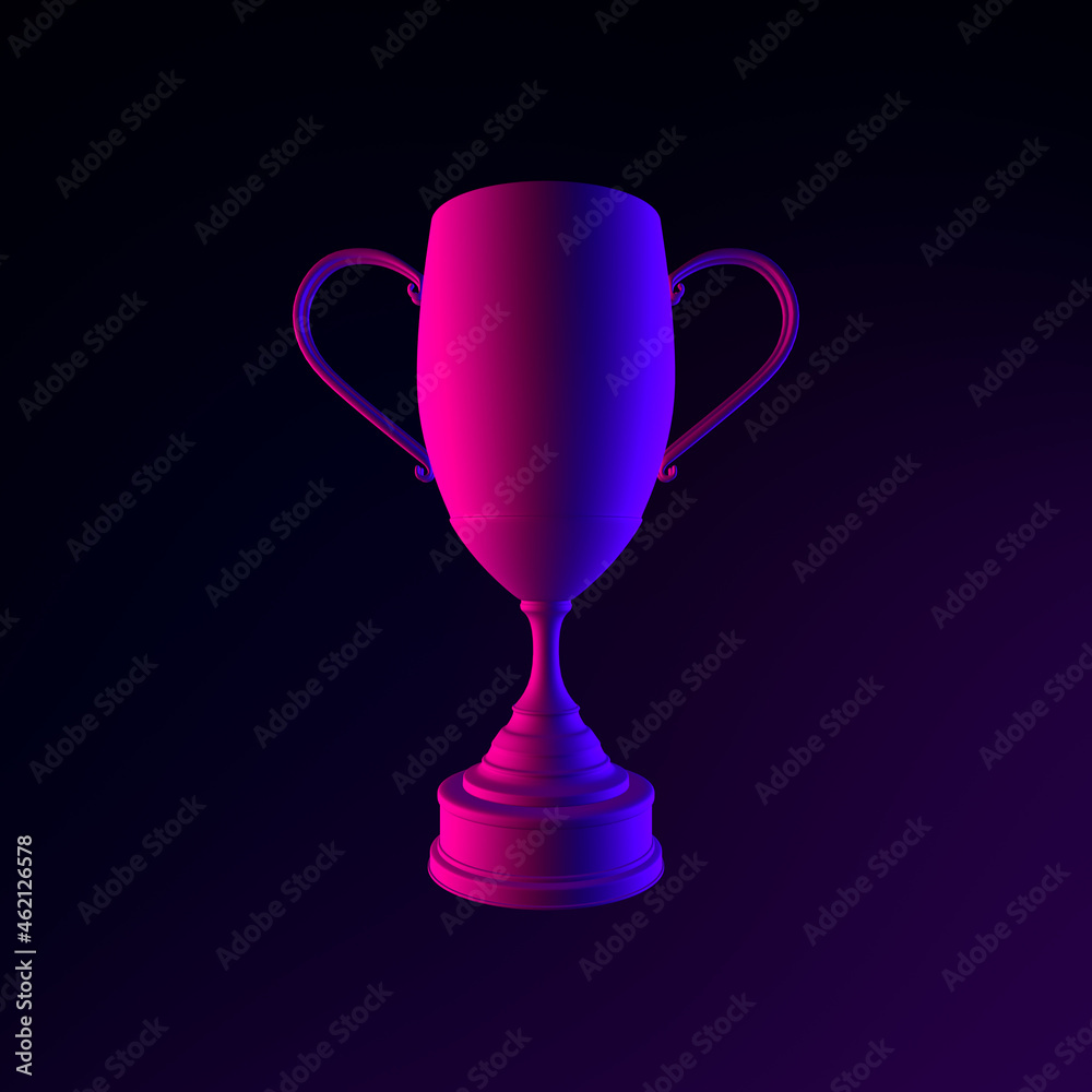 Poster winner neon trophy icon. 3d rendering ui ux interface element. dark glowing symbol.