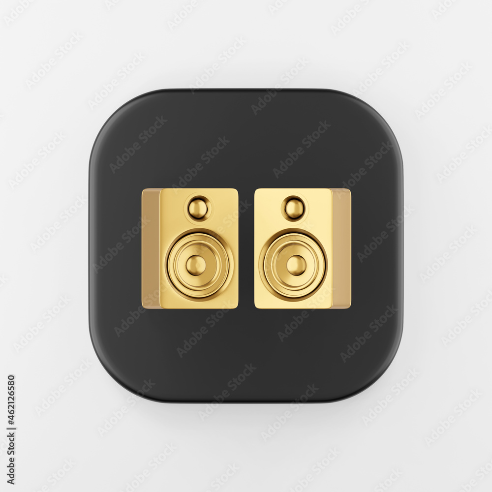 Poster gold speakers icon. 3d rendering black square button key, interface ui ux element.