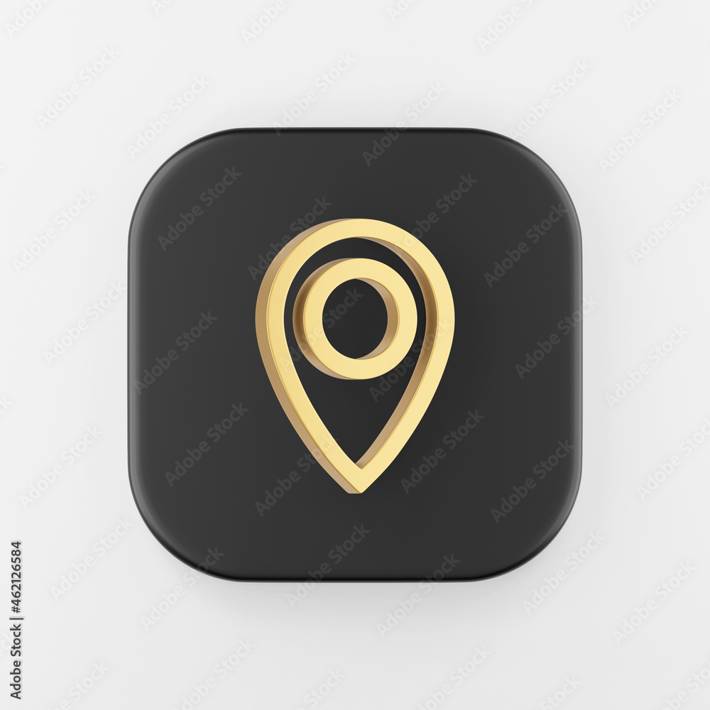 Poster location gold symbol linear outline icon. 3d rendering black square button key, interface ui ux elem