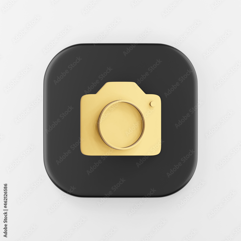 Poster gold photo camera icon in flat style. 3d rendering black square button key, interface ui ux element.