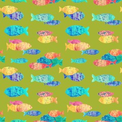 Fish in a naive style seamless pattern. Digitally drawn image with hand painted texture. Background for header, image for blog, decoration. Design of wallpaper, textiles, fabrics.