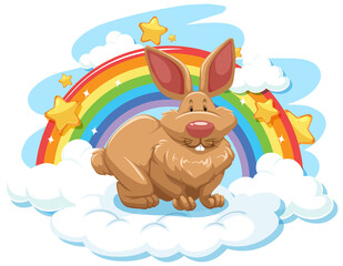 Obraz na płótnie Canvas Cute rabbit on the cloud with rainbow