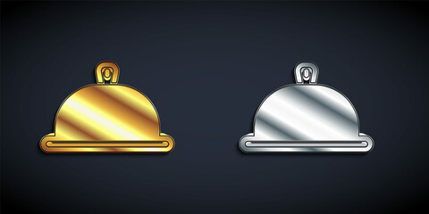 Gold and silver Covered with a tray of food icon isolated on black background. Tray and lid sign. Restaurant cloche with lid. Long shadow style. Vector