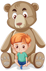 Little boy with big teddy bear on white background
