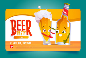 Beer party cartoon landing page, funny bottle and glass with foamy drink characters hug. Alcohol festival event invitation, kawai funny cup and flask with cute face, Oktoberfest Vector web banner