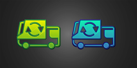 Green and blue Garbage truck icon isolated on black background. Vector