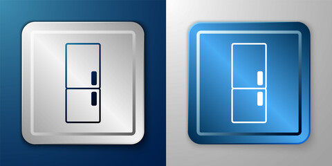 White Refrigerator icon isolated on blue and grey background. Fridge freezer refrigerator. Household tech and appliances. Silver and blue square button. Vector