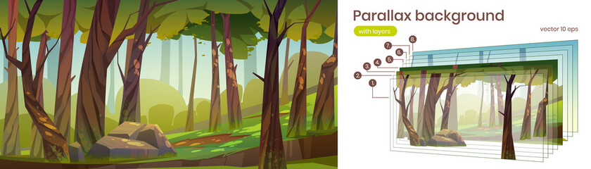 Summer forest with green trees, grass and stone. Vector parallax background for 2d game with woods landscape with sun light. Illustration with layers for animation with scrolling effect