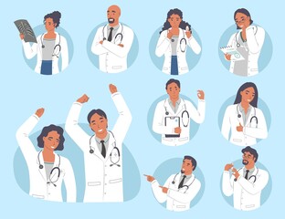 Doctor, medical professionals male and female character set. People showing different hand gestures, vector illustration