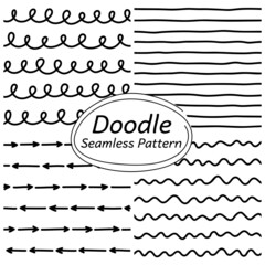 Obraz premium Set of abstract geometric seamless patterns. Vector backgrounds of simple textures with stripes, waves, arrows. Hand Drawn Doodle Print. Black ink horizontal lines isolated on a white background. 