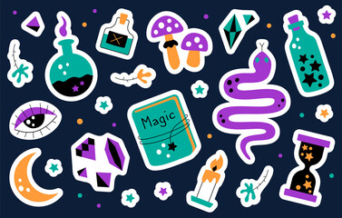 Set of magical things of a wizard or witch: magic book, potion, hourglass, mushrooms, snake, candle, crystals. Vector illustration isolated on a dark background. Set of stickers, pins, patches. 